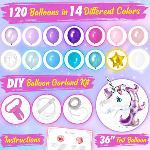 Unicorn Balloon Garland Kit | 120 Pack | Premium Unicorn Party Decoration | 14 Different Balloon Colors with 36" Unicorn Foil Balloon