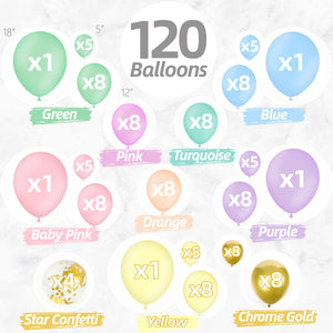 Pastel Balloon Garland Kit | 120 Pack | 8 Rainbow Colors, Chrome Gold Balloons