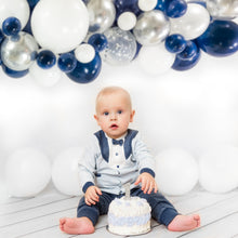 Load image into Gallery viewer, Navy Blue &amp; Silver Balloon Garland Kit | 120 Pack |  Navy Blue, Chrome Silver, White, Silver Confetti Balloons
