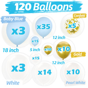 Baby Blue Balloon Garland Kit | 120 Pack | Baby Blue, Chrome Gold, Pearl White, White