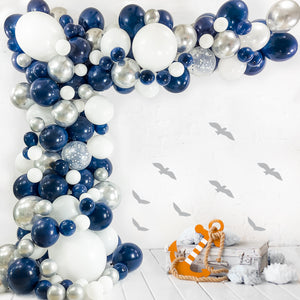 Navy Blue & Silver Balloon Garland Kit | 120 Pack |  Navy Blue, Chrome Silver, White, Silver Confetti Balloons
