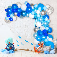 Load image into Gallery viewer, Blue Balloon Garland Kit | 120 Pack | Blue, Royal and Light Blue, Chrome Silver, Silver Confetti Balloons