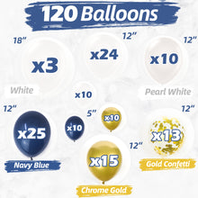 Load image into Gallery viewer, Navy Blue &amp; Gold Balloon Garland Kit | 120 Pack |  Navy Blue, Chrome Gold, White, Gold Confetti Balloons