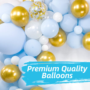 Baby Blue Balloon Garland Kit | 120 Pack | Baby Blue, Chrome Gold, Pearl White, White