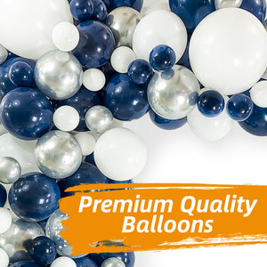 Navy Blue & Silver Balloon Garland Kit | 120 Pack |  Navy Blue, Chrome Silver, White, Silver Confetti Balloons